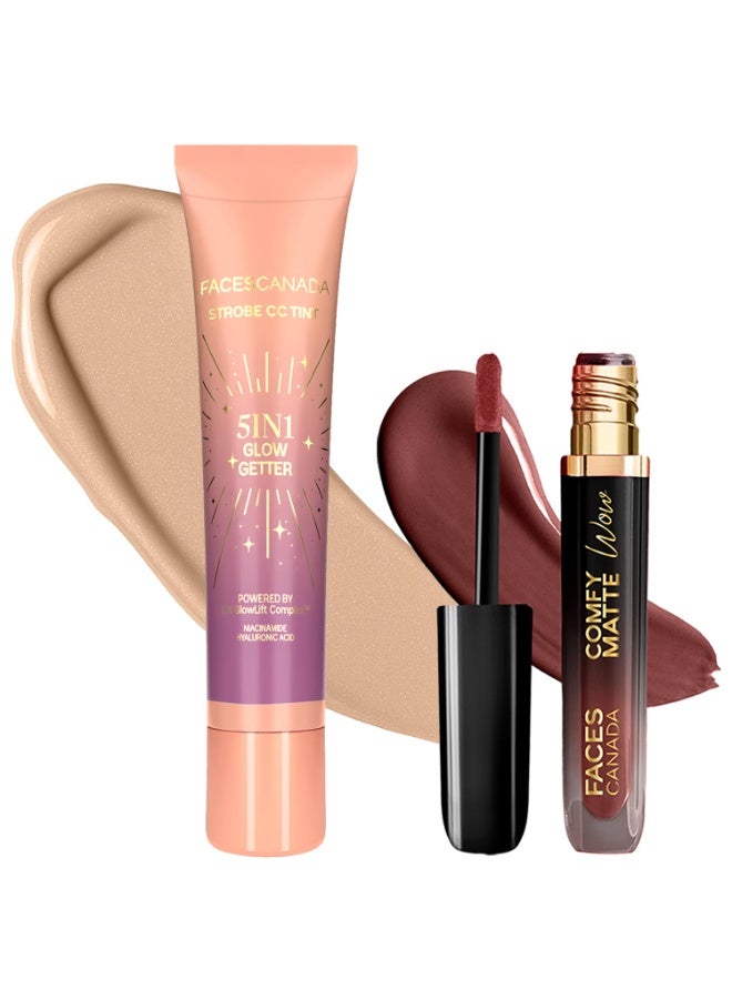 FACESCANADA Tint & Pout Duo 4 - Comfy Matte Wow Liquid Lipstick - Cocoa Crush 07, 3.8ml + Strobe CC Tint Mini - Paradise Vibes 01, 18ml | Highly Pigmented | Radiant Dewy Glass Skin Glow | Long Lasting | For Fair To Light Skin - Image 1